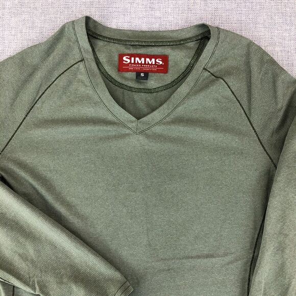 Simms Shirt Long Sleeve V‎ Neck Women's Small Green Mini Stripe Performance Fish - Picture 3 of 12
